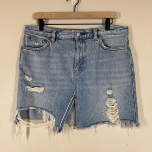 Free People We The Free Distressed Fray Hem Mini Jean Skirt Size 30 Blue Denim
